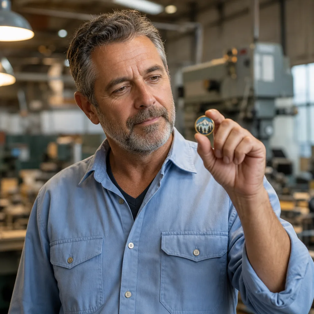 ZheCraft founder examining a finished enamel pin in the Yiwu factory