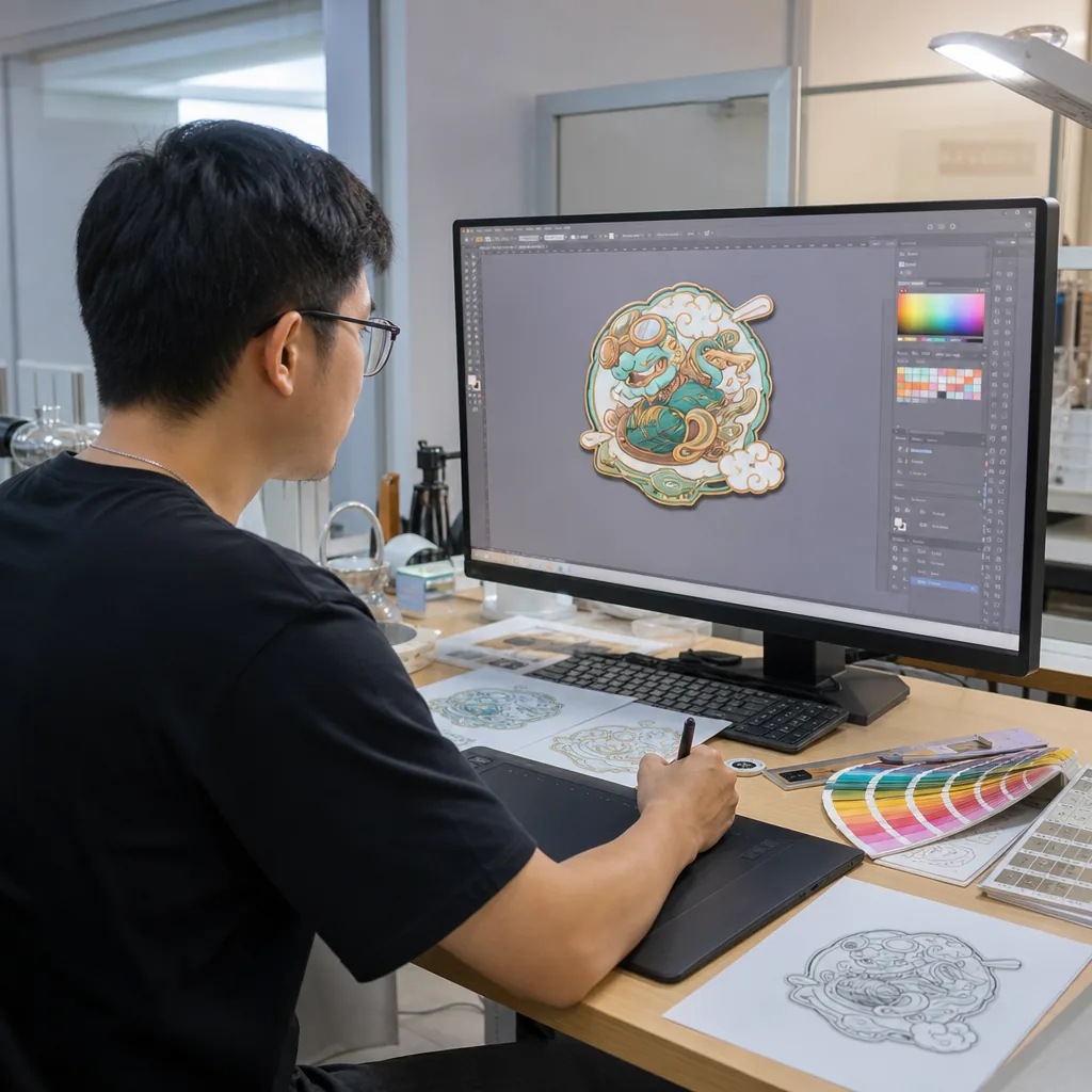 Designer preparing custom pin artwork on calibrated monitor