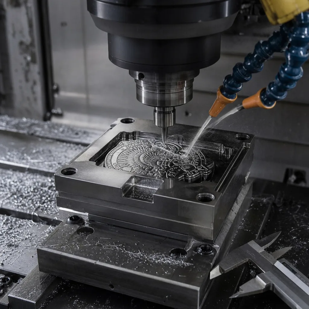 CNC machine engraving a steel die block for custom pin stamping