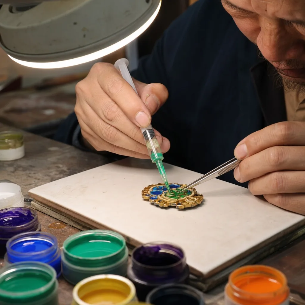 Craftsperson filling enamel into pin channels with precision syringe