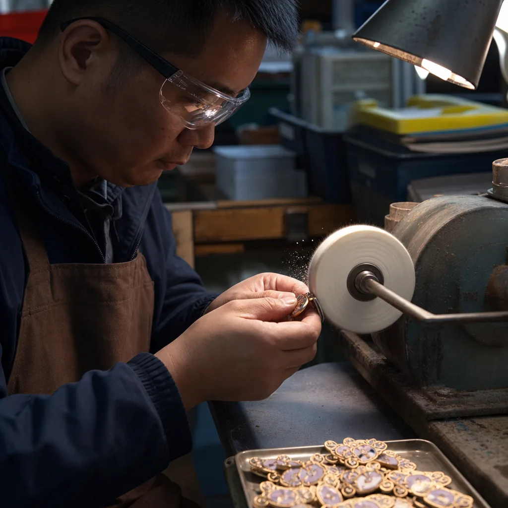 Worker polishing finished enamel pins on a buffing wheel