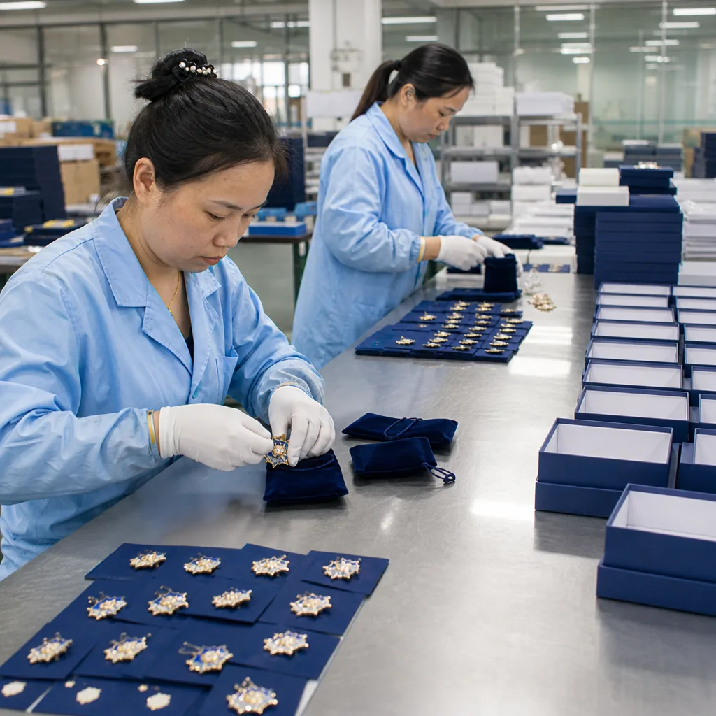 Workers packaging finished custom enamel pins into branded gift boxes