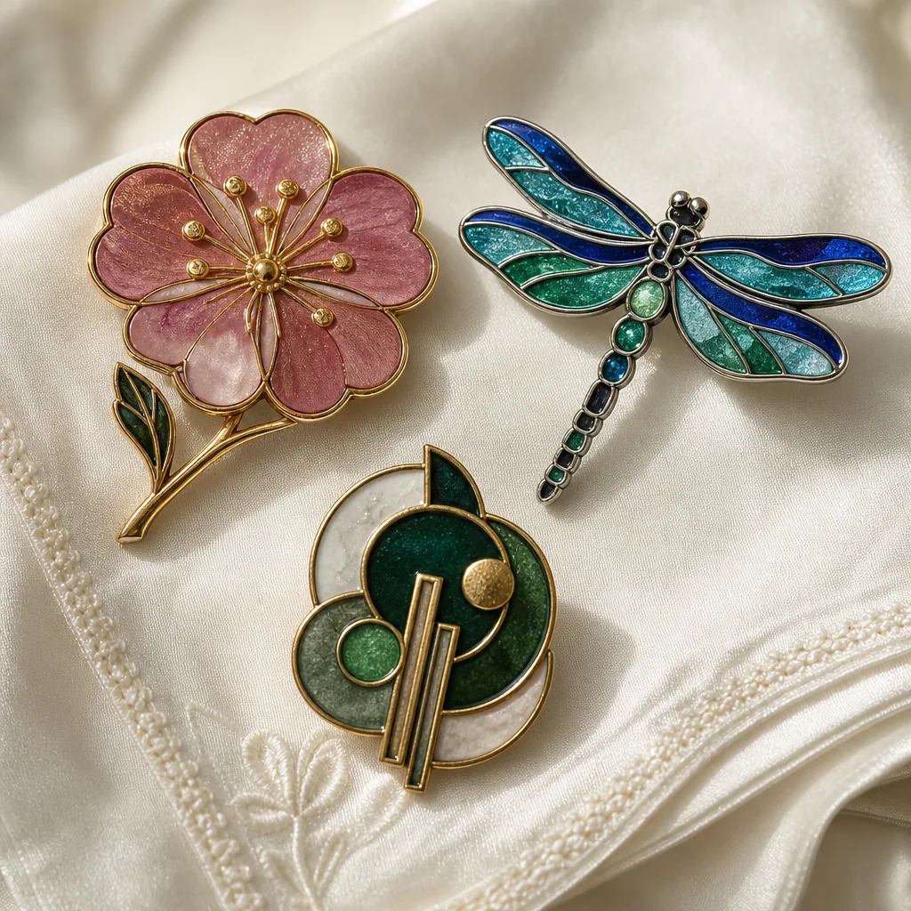 Enamel and cloisonne brooches